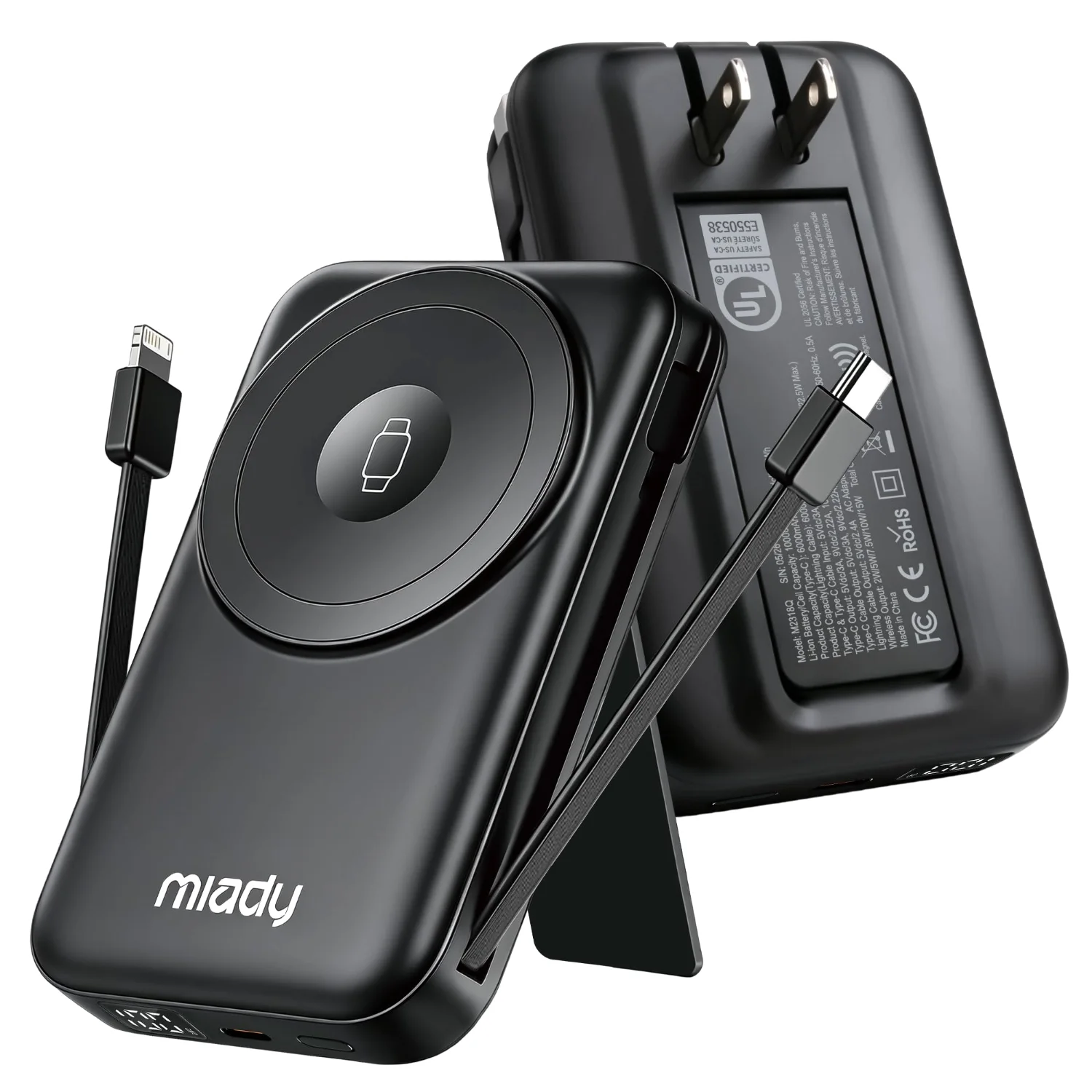 Miady Magnetic 10000mAh Power Bank with Wall Plug and Stand