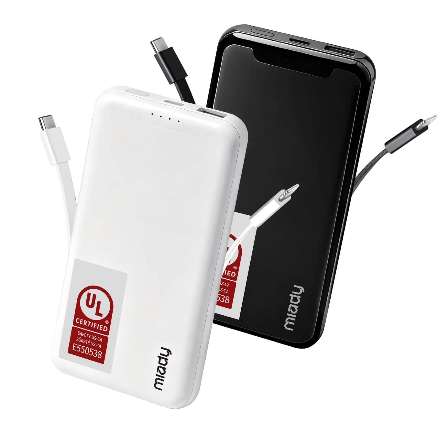Miady 10000mAh Power Bank with Built-in Cables, 2-Pack